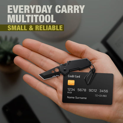 Mini Keychain Knife with Carabiner - 1.3" Tanto Serrated Blade - 6 in 1 Black Multitool - Bottle Opener Box Cutter Liner Lock - EDC Gadgets - Legal Folding Small Pocket Sashimi Knives Pocket - 2248