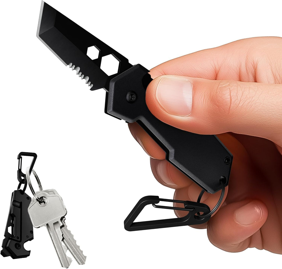 Mini Keychain Knife with Carabiner - 1.3" Tanto Serrated Blade - 6 in 1 Black Multitool - Bottle Opener Box Cutter Liner Lock - EDC Gadgets - Legal Folding Small Pocket Sashimi Knives Pocket - 2248