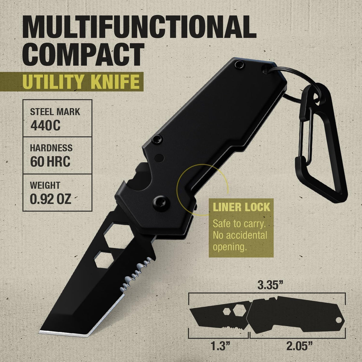 Mini Keychain Knife with Carabiner - 1.3" Tanto Serrated Blade - 6 in 1 Black Multitool - Bottle Opener Box Cutter Liner Lock - EDC Gadgets - Legal Folding Small Pocket Sashimi Knives Pocket - 2248