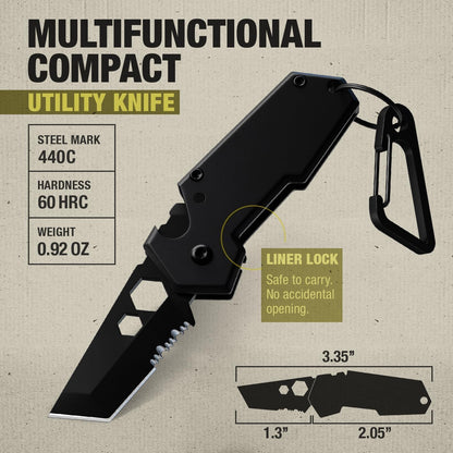 Mini Keychain Knife with Carabiner - 1.3" Tanto Serrated Blade - 6 in 1 Black Multitool - Bottle Opener Box Cutter Liner Lock - EDC Gadgets - Legal Folding Small Pocket Sashimi Knives Pocket - 2248