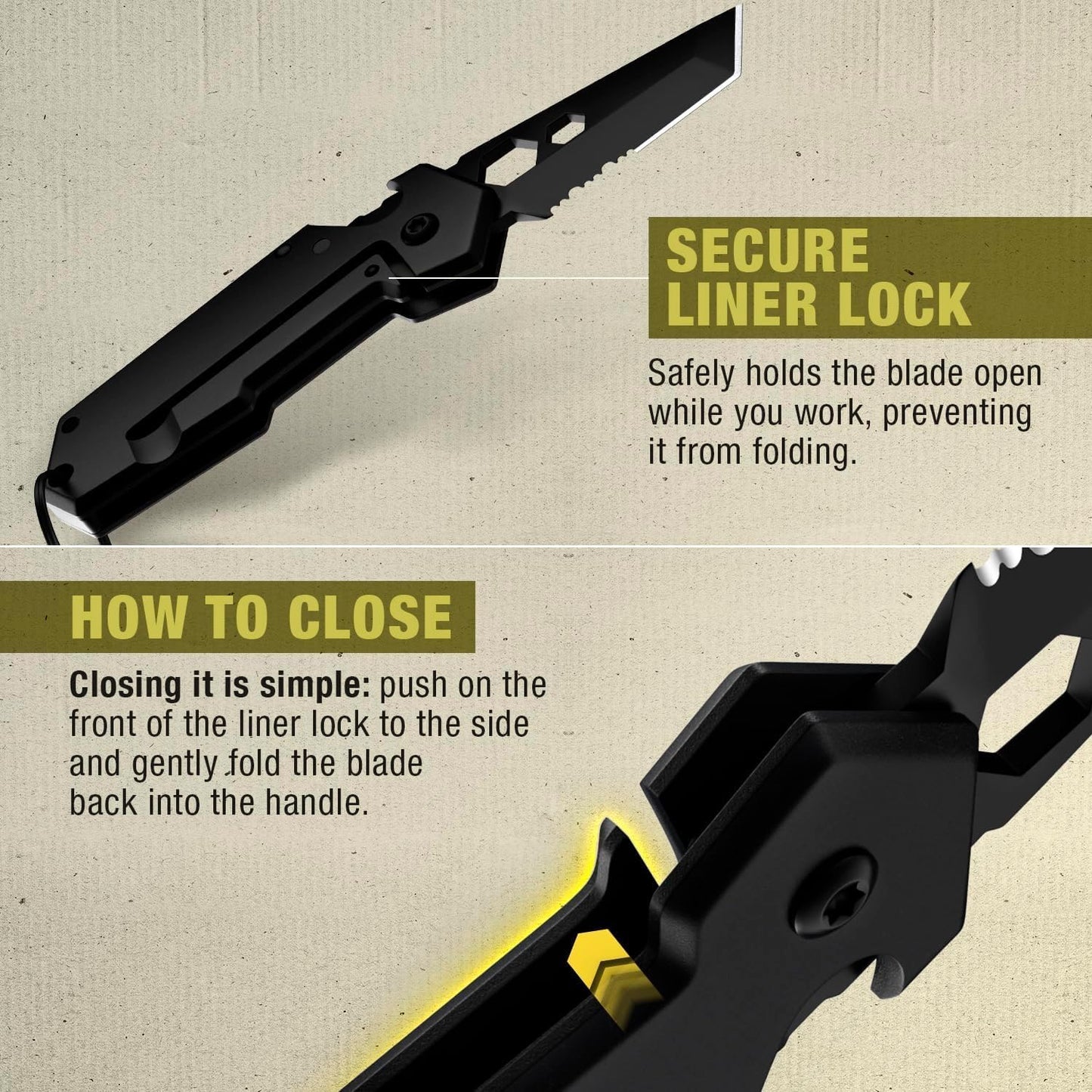 Mini Keychain Knife with Carabiner - 1.3" Tanto Serrated Blade - 6 in 1 Black Multitool - Bottle Opener Box Cutter Liner Lock - EDC Gadgets - Legal Folding Small Pocket Sashimi Knives Pocket - 2248
