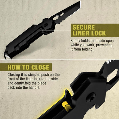 Mini Keychain Knife with Carabiner - 1.3" Tanto Serrated Blade - 6 in 1 Black Multitool - Bottle Opener Box Cutter Liner Lock - EDC Gadgets - Legal Folding Small Pocket Sashimi Knives Pocket - 2248
