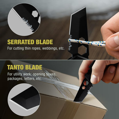 Mini Keychain Knife with Carabiner - 1.3" Tanto Serrated Blade - 6 in 1 Black Multitool - Bottle Opener Box Cutter Liner Lock - EDC Gadgets - Legal Folding Small Pocket Sashimi Knives Pocket - 2248