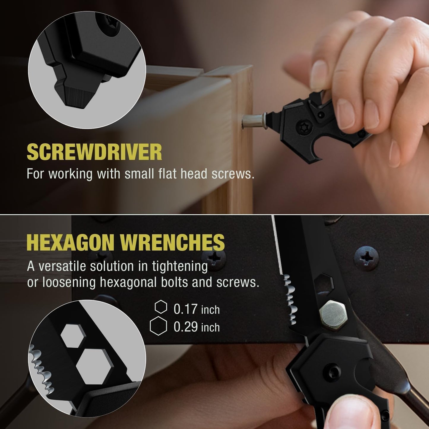 Mini Keychain Knife with Carabiner - 1.3" Tanto Serrated Blade - 6 in 1 Black Multitool - Bottle Opener Box Cutter Liner Lock - EDC Gadgets - Legal Folding Small Pocket Sashimi Knives Pocket - 2248