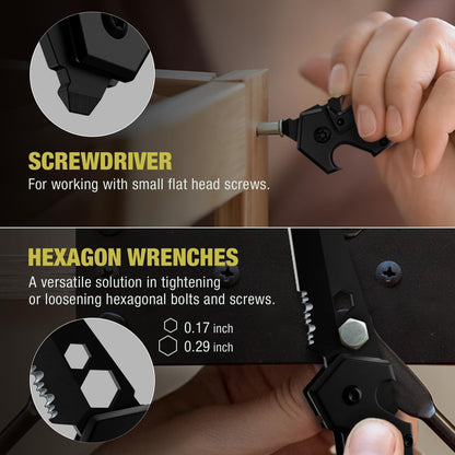 Mini Keychain Knife with Carabiner - 1.3" Tanto Serrated Blade - 6 in 1 Black Multitool - Bottle Opener Box Cutter Liner Lock - EDC Gadgets - Legal Folding Small Pocket Sashimi Knives Pocket - 2248