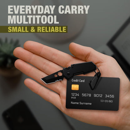 Mini Keychain Knife with Carabiner - 1.3" Tanto Serrated Blade - 6 in 1 Black Multitool - Bottle Opener Box Cutter Liner Lock - EDC Gadgets - Legal Folding Small Pocket Sashimi Knives Pocket - 2248