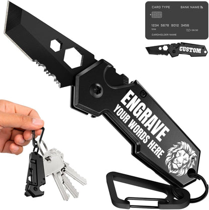 Mini Keychain Knife with Carabiner - 1.3" Tanto Serrated Blade - 6 in 1 Black Multitool - Bottle Opener Box Cutter Liner Lock - EDC Gadgets - Legal Folding Small Pocket Sashimi Knives Pocket - 2248