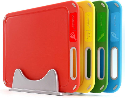 Color Coded Cutting Boards Set of 4 with Holder, BPA-Free | Preventing Cross-Contamination of Different Food Types, Dishwasher Safe