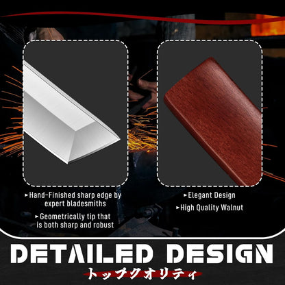 DRGSKL Japanese Fixed Blade Knife - Tanto Knife with Wooden Sheath | Forged from a Single Piece of D2 Steel, Full Tang Walnut Handle, Wooden Sheath, Gift Box