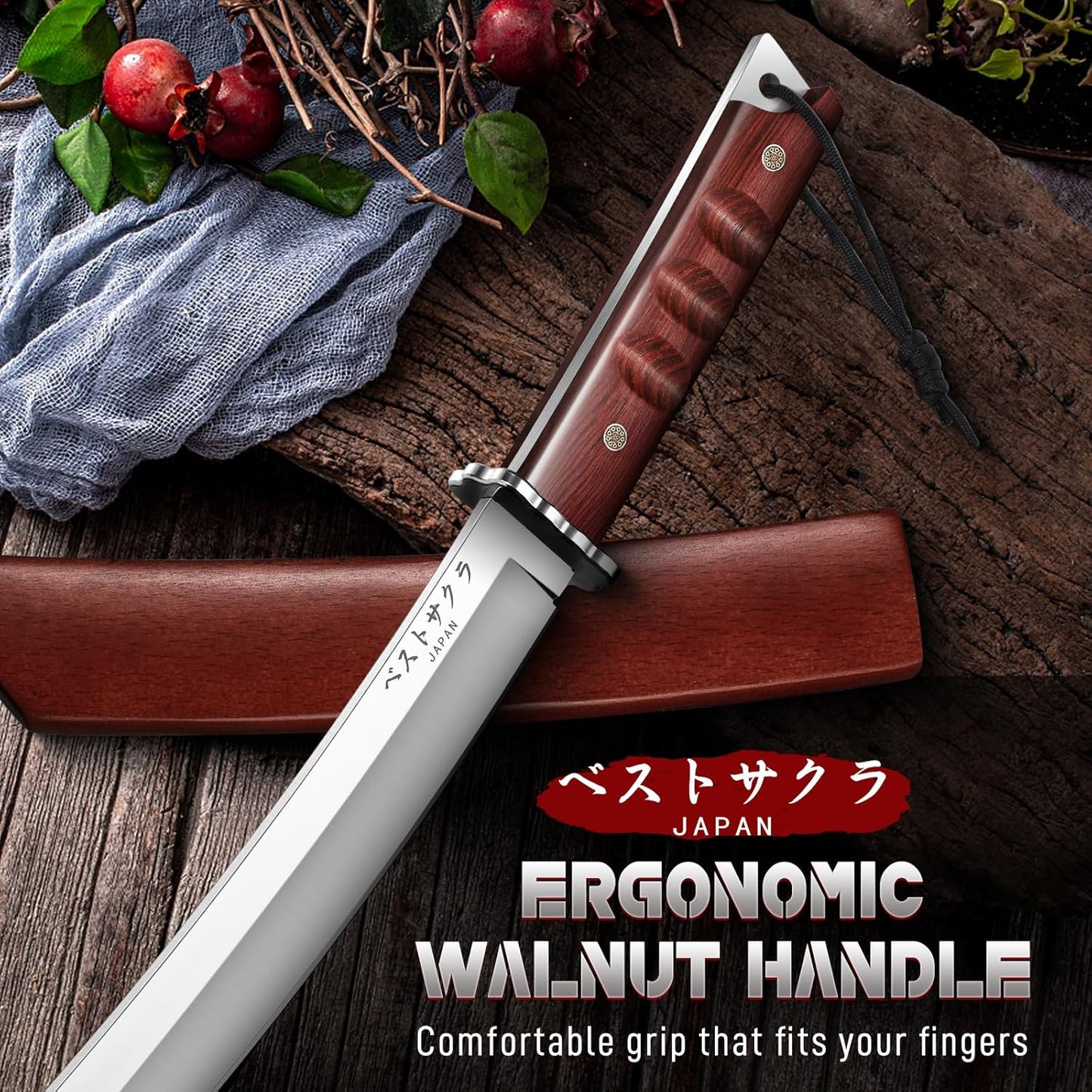 DRGSKL Japanese Fixed Blade Knife - Tanto Knife with Wooden Sheath | Forged from a Single Piece of D2 Steel, Full Tang Walnut Handle, Wooden Sheath, Gift Box