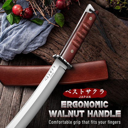 DRGSKL Japanese Fixed Blade Knife - Tanto Knife with Wooden Sheath | Forged from a Single Piece of D2 Steel, Full Tang Walnut Handle, Wooden Sheath, Gift Box
