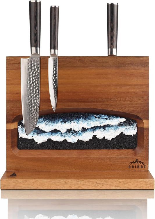 Double Sided Magnetic Knife Block without Knives | Easy Access, With Hand-Painted Abstract Painting, Easy to Clean, Freestanding, 100% Acacia Wood, Holds around 10 Knives