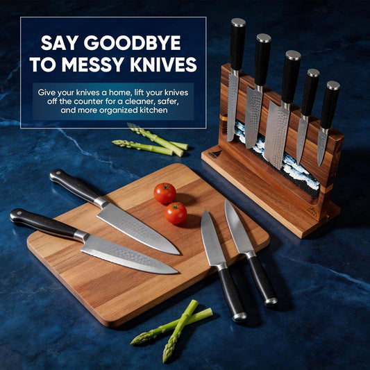 Double Sided Magnetic Knife Block without Knives | Easy Access, With Hand-Painted Abstract Painting, Easy to Clean, Freestanding, 100% Acacia Wood, Holds around 10 Knives