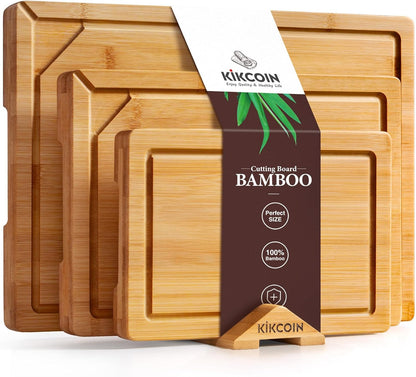 3+1 Piece Self-Draining Bamboo Cutting Boards, Wooden Cutting Boards for Charcuterie, Vegetables, Cheese, Bread, Extra Large Chopping Boards with Deep Juice Groove and Handle, Natural