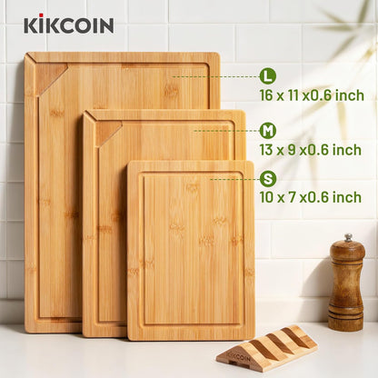 3+1 Piece Self-Draining Bamboo Cutting Boards, Wooden Cutting Boards for Charcuterie, Vegetables, Cheese, Bread, Extra Large Chopping Boards with Deep Juice Groove and Handle, Natural