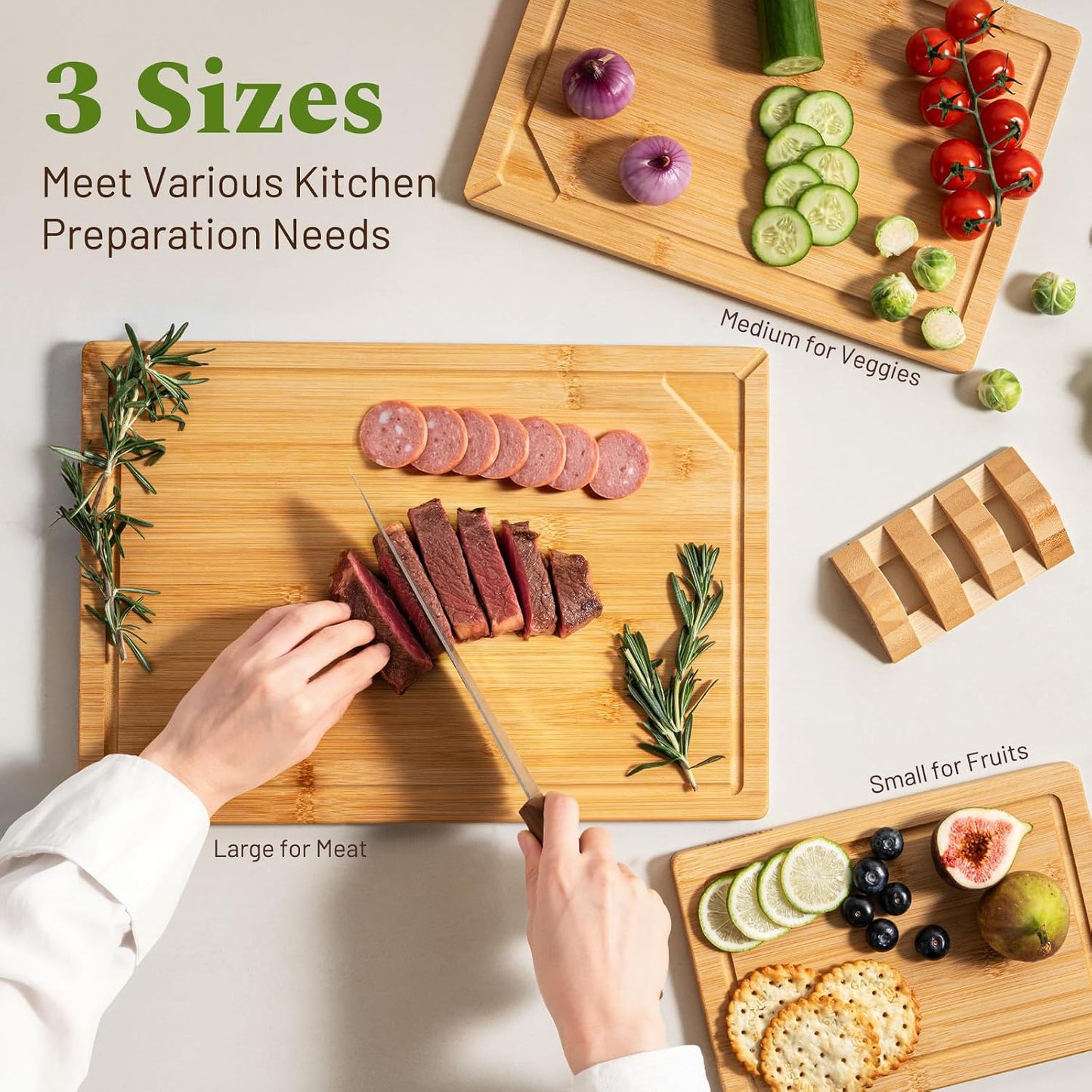 3+1 Piece Self-Draining Bamboo Cutting Boards, Wooden Cutting Boards for Charcuterie, Vegetables, Cheese, Bread, Extra Large Chopping Boards with Deep Juice Groove and Handle, Natural