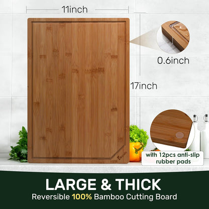 3+1 Piece Self-Draining Bamboo Cutting Boards, Wooden Cutting Boards for Charcuterie, Vegetables, Cheese, Bread, Extra Large Chopping Boards with Deep Juice Groove and Handle, Natural