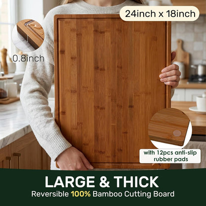3+1 Piece Self-Draining Bamboo Cutting Boards, Wooden Cutting Boards for Charcuterie, Vegetables, Cheese, Bread, Extra Large Chopping Boards with Deep Juice Groove and Handle, Natural
