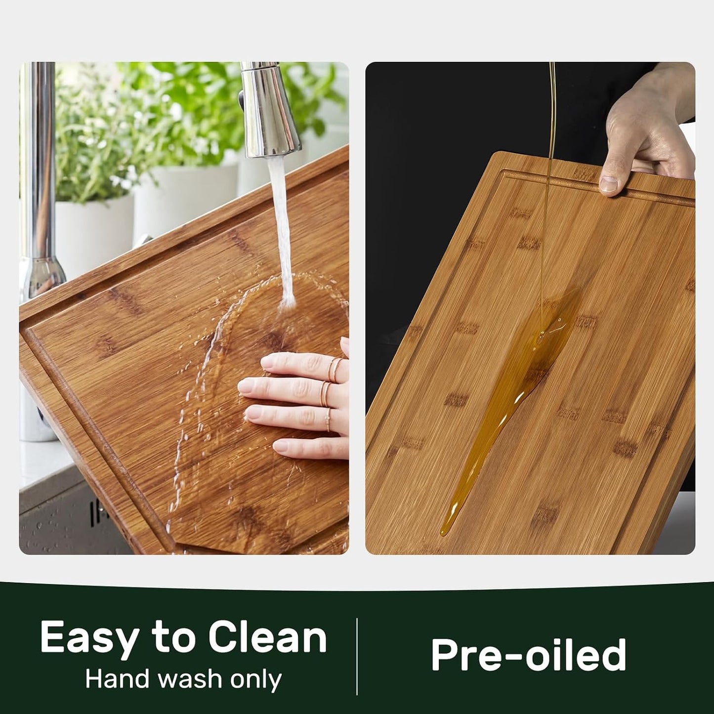 3+1 Piece Self-Draining Bamboo Cutting Boards, Wooden Cutting Boards for Charcuterie, Vegetables, Cheese, Bread, Extra Large Chopping Boards with Deep Juice Groove and Handle, Natural