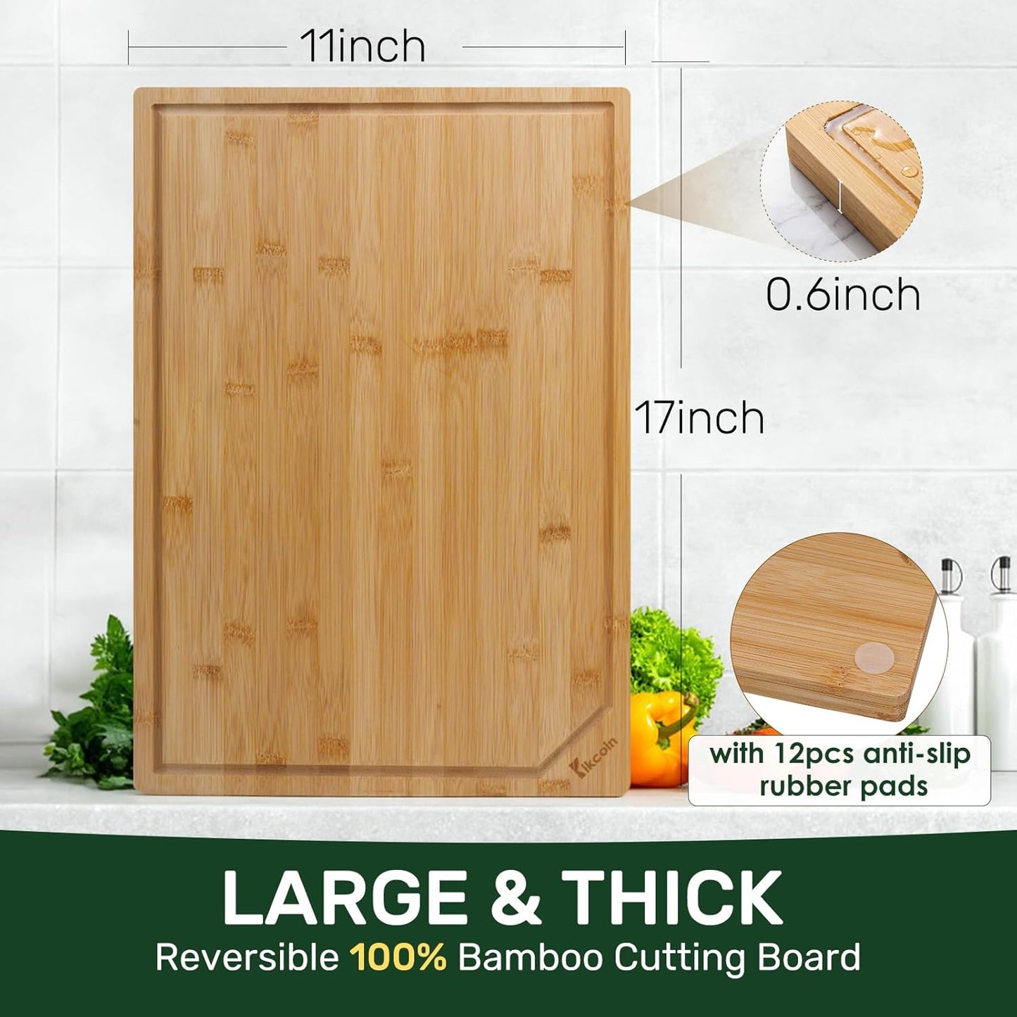 3+1 Piece Self-Draining Bamboo Cutting Boards, Wooden Cutting Boards for Charcuterie, Vegetables, Cheese, Bread, Extra Large Chopping Boards with Deep Juice Groove and Handle, Natural