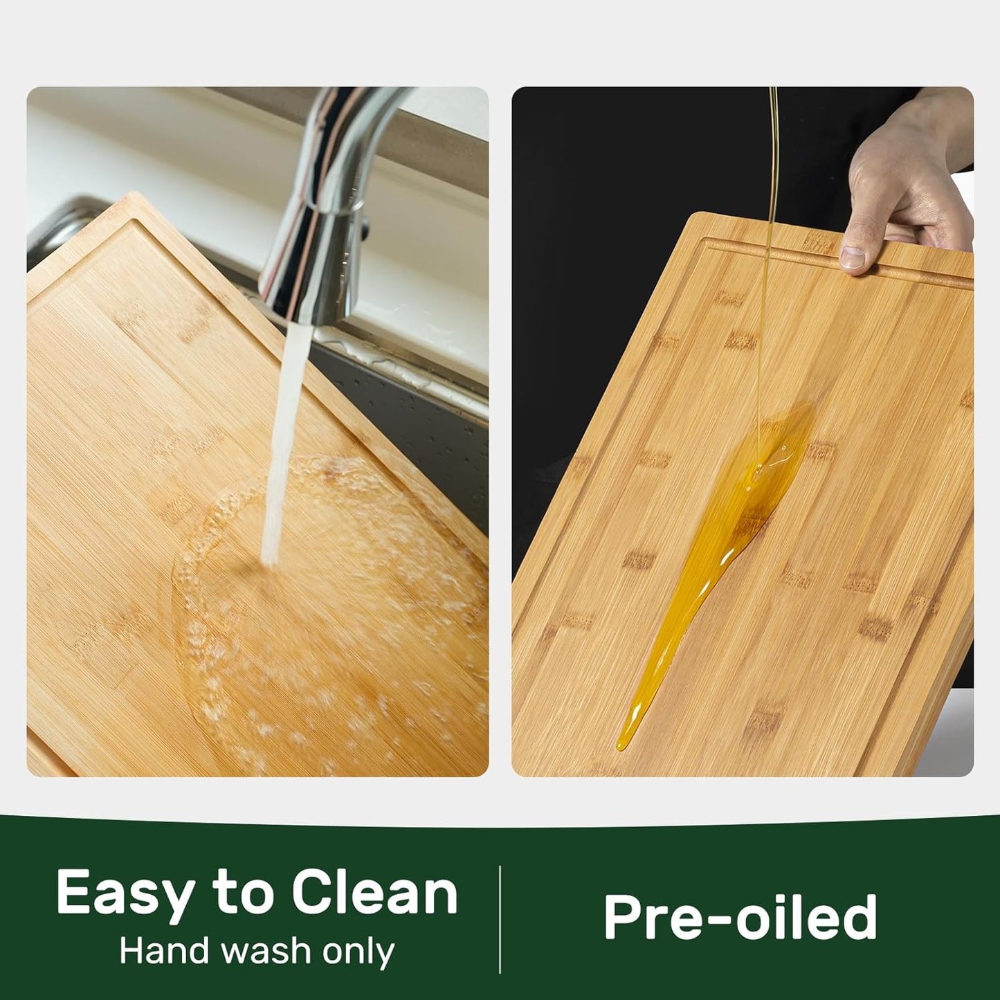 3+1 Piece Self-Draining Bamboo Cutting Boards, Wooden Cutting Boards for Charcuterie, Vegetables, Cheese, Bread, Extra Large Chopping Boards with Deep Juice Groove and Handle, Natural