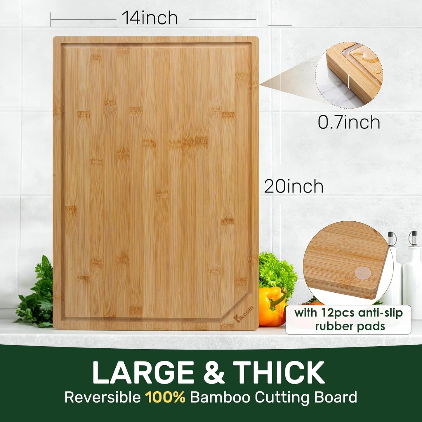 3+1 Piece Self-Draining Bamboo Cutting Boards, Wooden Cutting Boards for Charcuterie, Vegetables, Cheese, Bread, Extra Large Chopping Boards with Deep Juice Groove and Handle, Natural