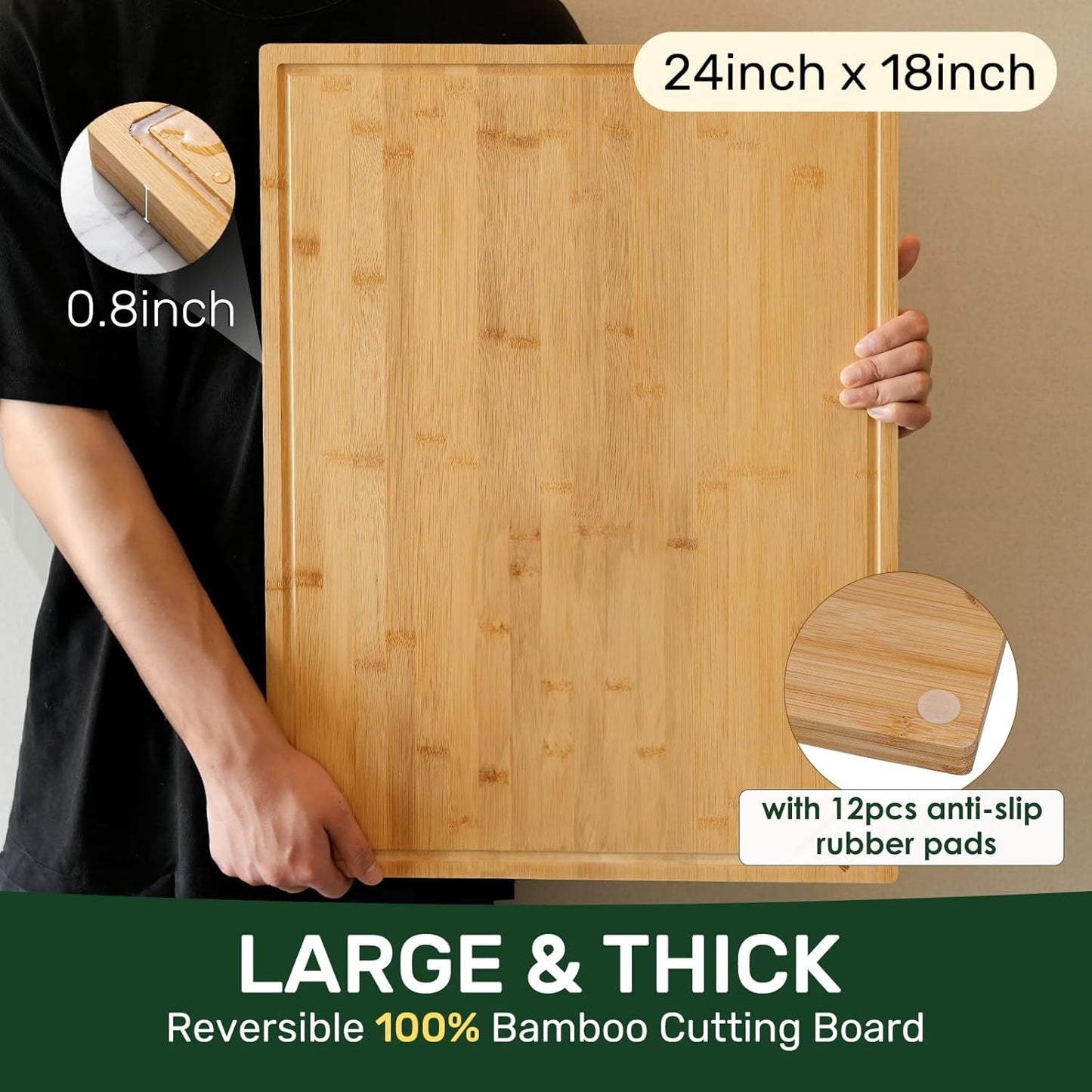 3+1 Piece Self-Draining Bamboo Cutting Boards, Wooden Cutting Boards for Charcuterie, Vegetables, Cheese, Bread, Extra Large Chopping Boards with Deep Juice Groove and Handle, Natural