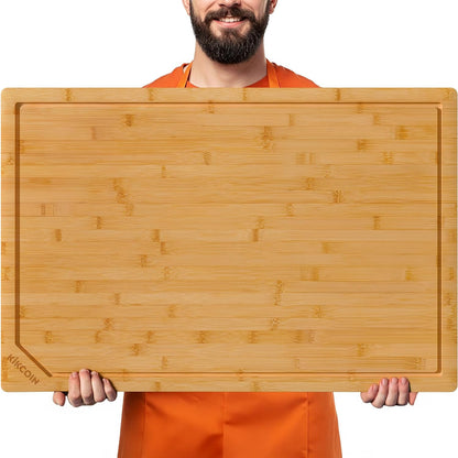 3+1 Piece Self-Draining Bamboo Cutting Boards, Wooden Cutting Boards for Charcuterie, Vegetables, Cheese, Bread, Extra Large Chopping Boards with Deep Juice Groove and Handle, Natural