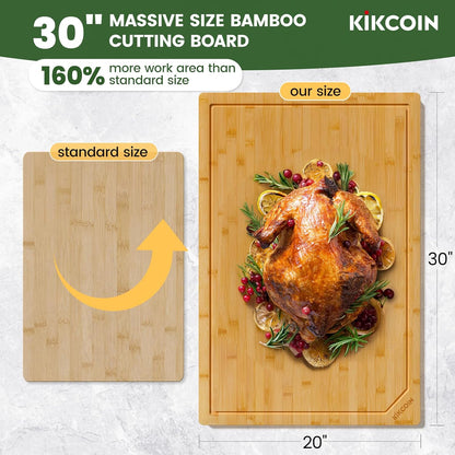 3+1 Piece Self-Draining Bamboo Cutting Boards, Wooden Cutting Boards for Charcuterie, Vegetables, Cheese, Bread, Extra Large Chopping Boards with Deep Juice Groove and Handle, Natural