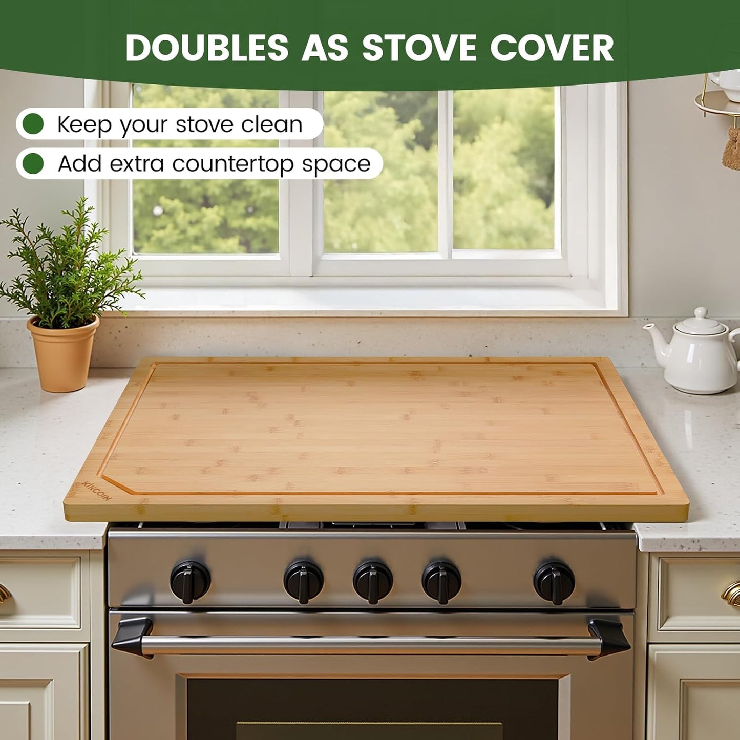 3+1 Piece Self-Draining Bamboo Cutting Boards, Wooden Cutting Boards for Charcuterie, Vegetables, Cheese, Bread, Extra Large Chopping Boards with Deep Juice Groove and Handle, Natural