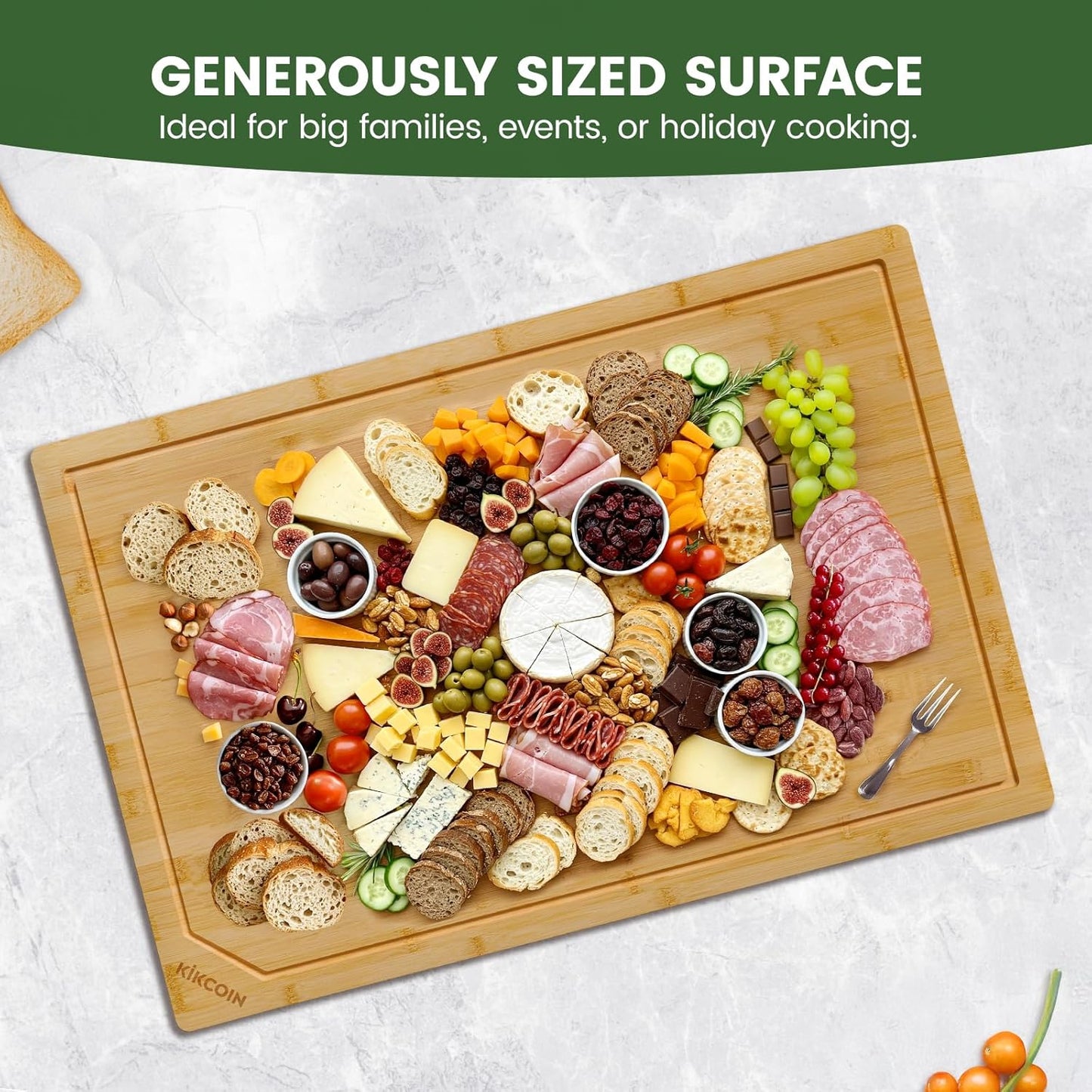 3+1 Piece Self-Draining Bamboo Cutting Boards, Wooden Cutting Boards for Charcuterie, Vegetables, Cheese, Bread, Extra Large Chopping Boards with Deep Juice Groove and Handle, Natural