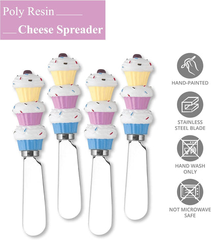 Cupcakes Cheese Spreaders, Hand-Painted Resin Handles with Stainless Steel Blades for Spreading Cream Cheese, Butter, Jam, or Sandwich, Set of 4