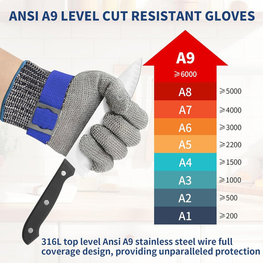 A9 Cut Resistant Gloves, Stainless Steel Metal Mesh Cut Glove for Oyster Shucking Butcher Mandolin Whittling Meat Fish Cutting Wood Carving Knife Proof XL