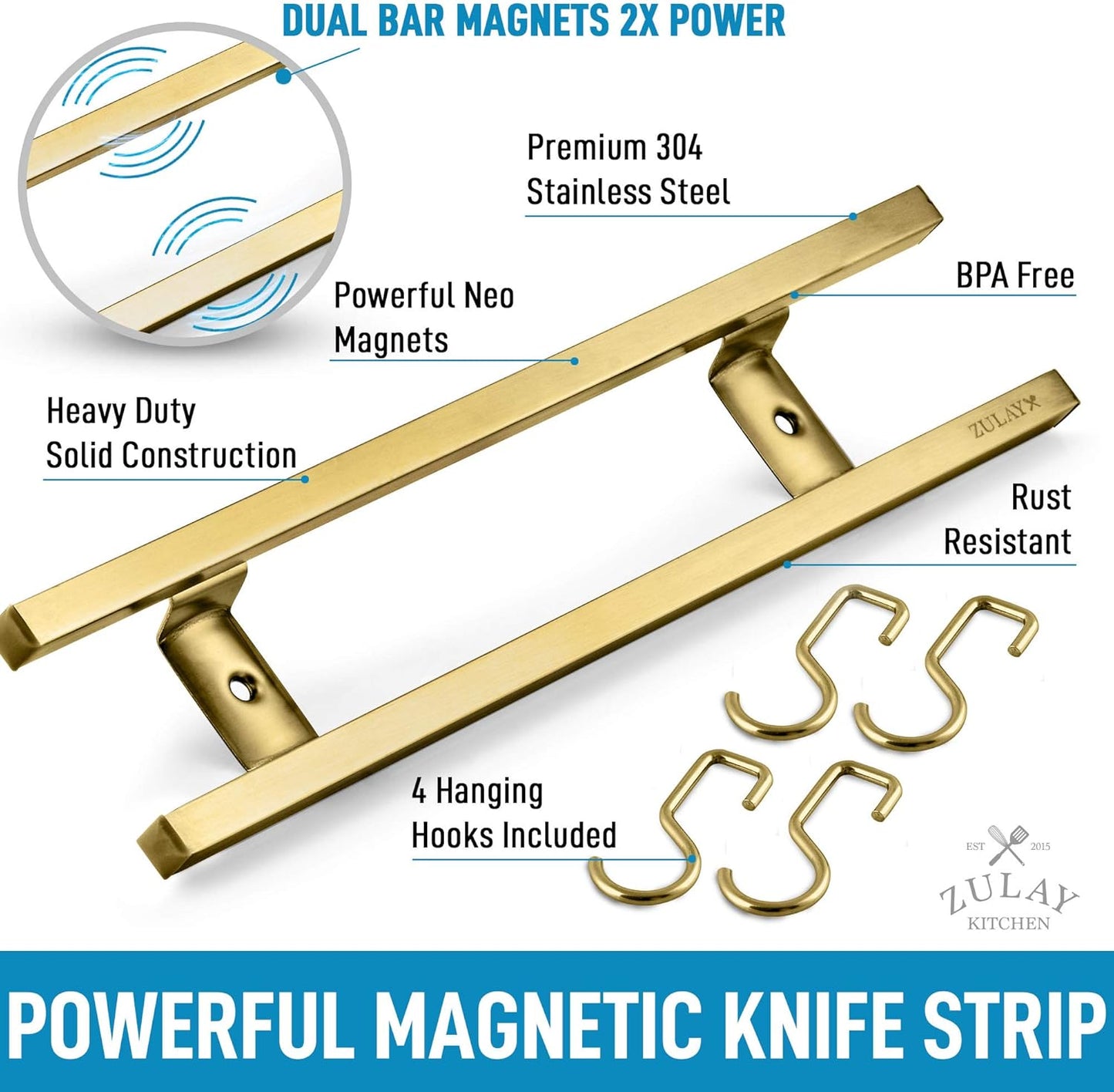 Zulay (12 Inch) Stainless Steel Magnetic Knife Holder For Wall - Powerful Knife Magnetic Strip With Extra Hanging Hooks - Wall Mount Magnetic Knife Strip & Organizer For Kitchen & Tools (Gold)