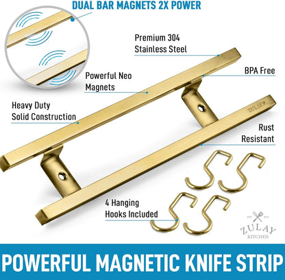 Zulay (12 Inch) Stainless Steel Magnetic Knife Holder For Wall - Powerful Knife Magnetic Strip With Extra Hanging Hooks - Wall Mount Magnetic Knife Strip & Organizer For Kitchen & Tools (Gold)