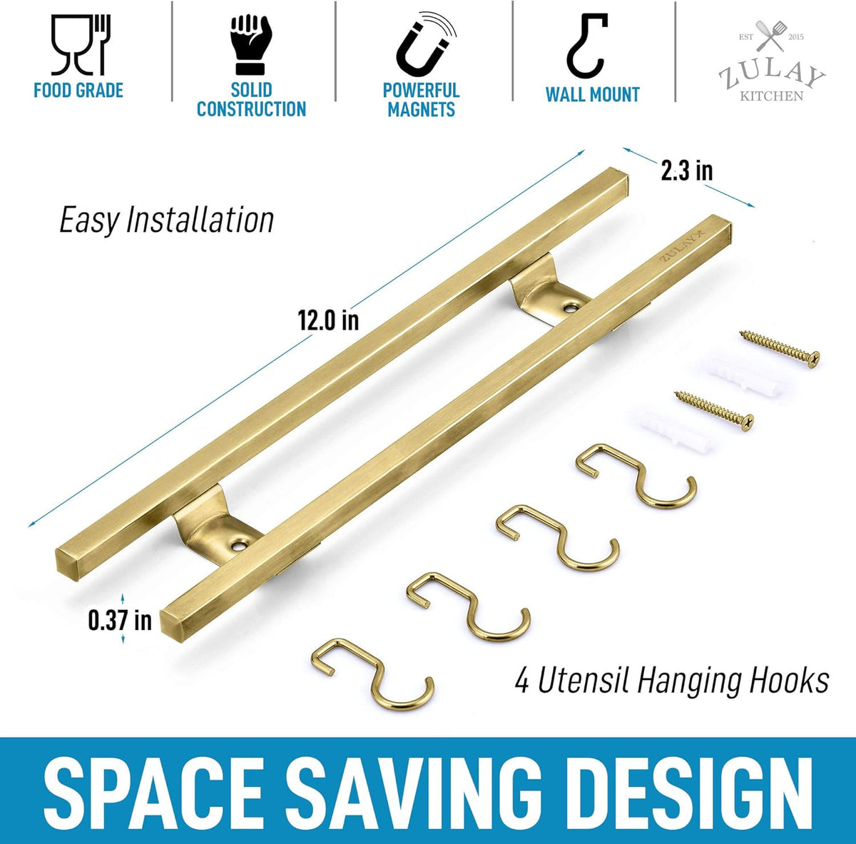 Zulay (12 Inch) Stainless Steel Magnetic Knife Holder For Wall - Powerful Knife Magnetic Strip With Extra Hanging Hooks - Wall Mount Magnetic Knife Strip & Organizer For Kitchen & Tools (Gold)