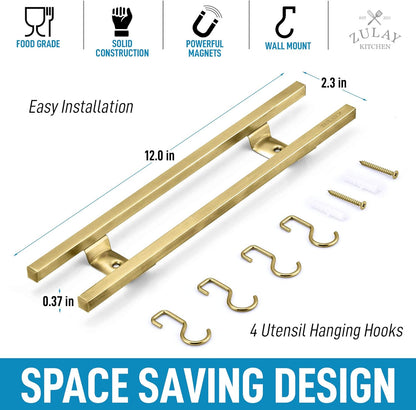 Zulay (12 Inch) Stainless Steel Magnetic Knife Holder For Wall - Powerful Knife Magnetic Strip With Extra Hanging Hooks - Wall Mount Magnetic Knife Strip & Organizer For Kitchen & Tools (Gold)