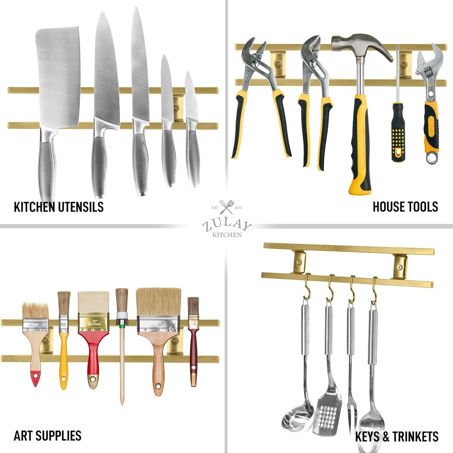 Zulay (12 Inch) Stainless Steel Magnetic Knife Holder For Wall - Powerful Knife Magnetic Strip With Extra Hanging Hooks - Wall Mount Magnetic Knife Strip & Organizer For Kitchen & Tools (Gold)