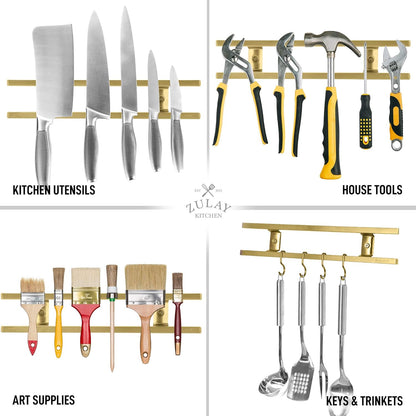 Zulay (12 Inch) Stainless Steel Magnetic Knife Holder For Wall - Powerful Knife Magnetic Strip With Extra Hanging Hooks - Wall Mount Magnetic Knife Strip & Organizer For Kitchen & Tools (Gold)