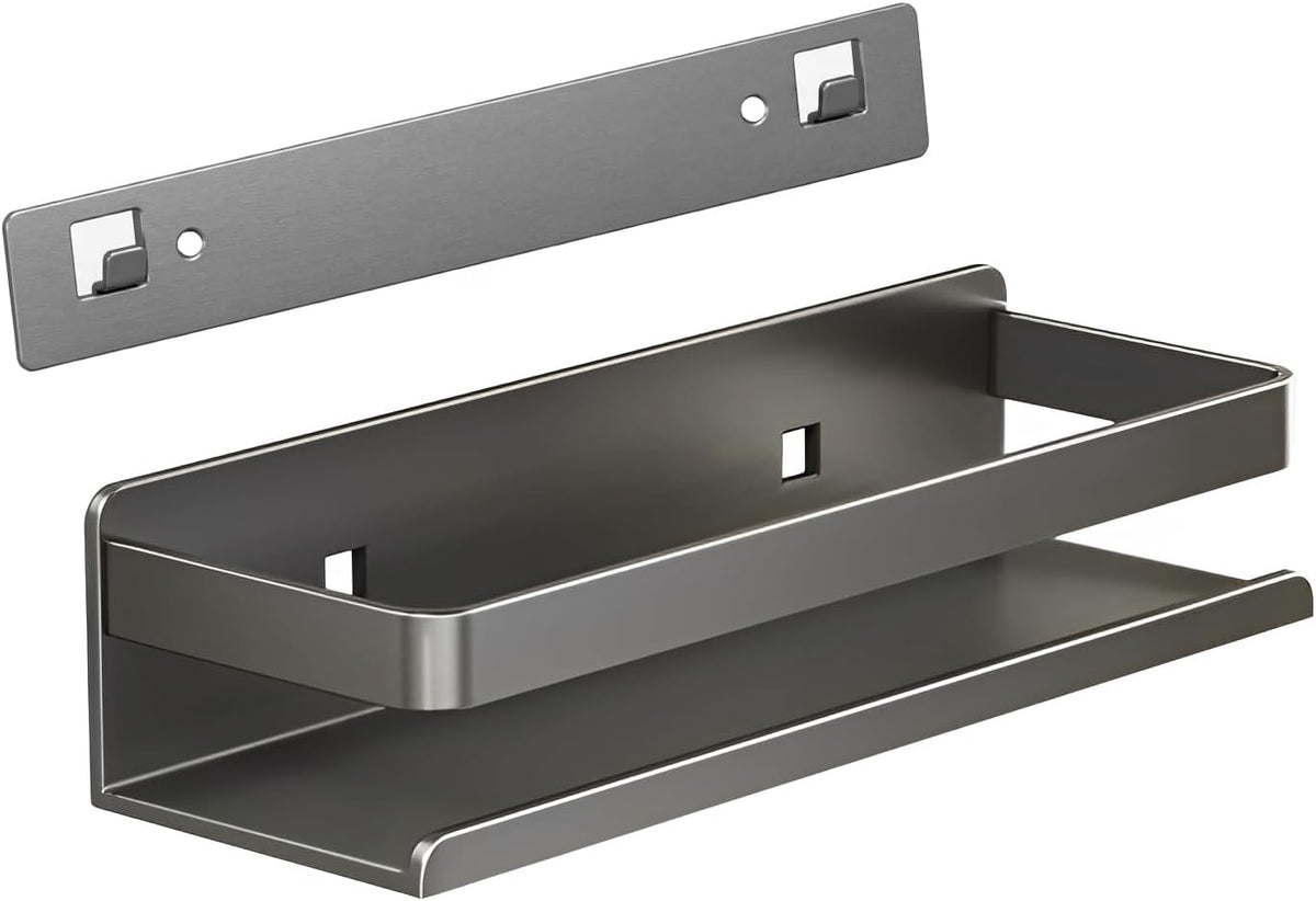 Stainless Steel Wall Mounted Floating Shelves, Drill-Free Adhesive or Screw In, Rustproof Bathroom Organizer & Kitchen Spice Storage Rack, Detachable Metal Display Shelf for Living Room, Gray