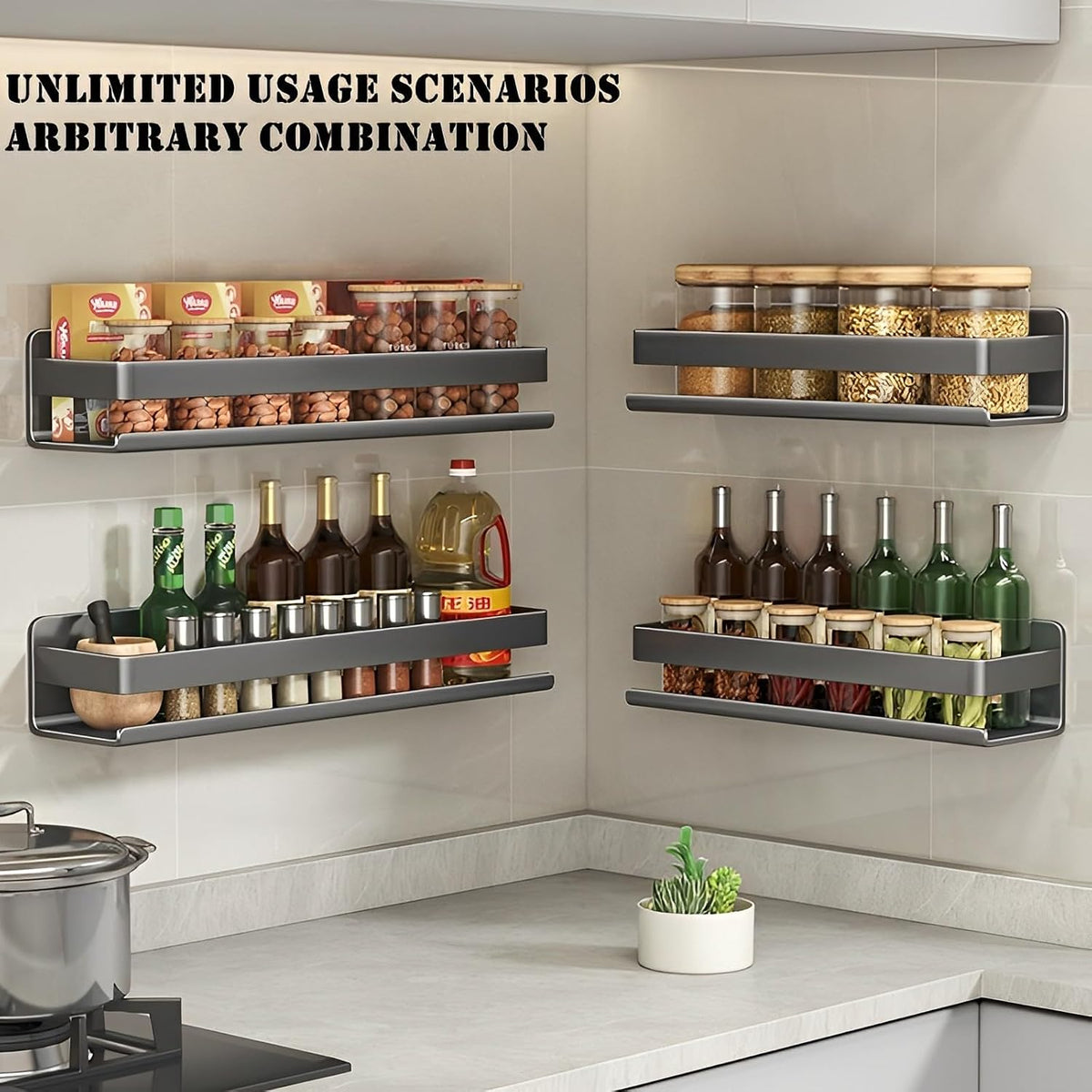 Stainless Steel Wall Mounted Floating Shelves, Drill-Free Adhesive or Screw In, Rustproof Bathroom Organizer & Kitchen Spice Storage Rack, Detachable Metal Display Shelf for Living Room, Gray