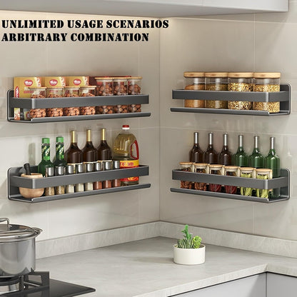 Stainless Steel Wall Mounted Floating Shelves, Drill-Free Adhesive or Screw In, Rustproof Bathroom Organizer & Kitchen Spice Storage Rack, Detachable Metal Display Shelf for Living Room, Gray