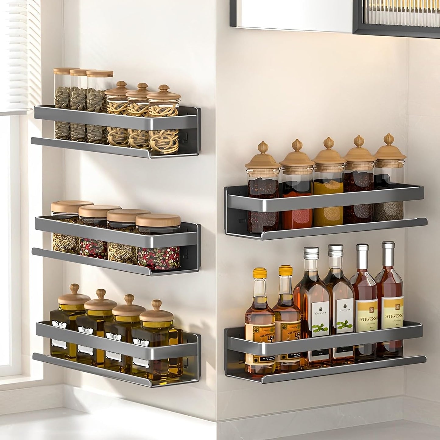 Stainless Steel Wall Mounted Floating Shelves, Drill-Free Adhesive or Screw In, Rustproof Bathroom Organizer & Kitchen Spice Storage Rack, Detachable Metal Display Shelf for Living Room, Gray