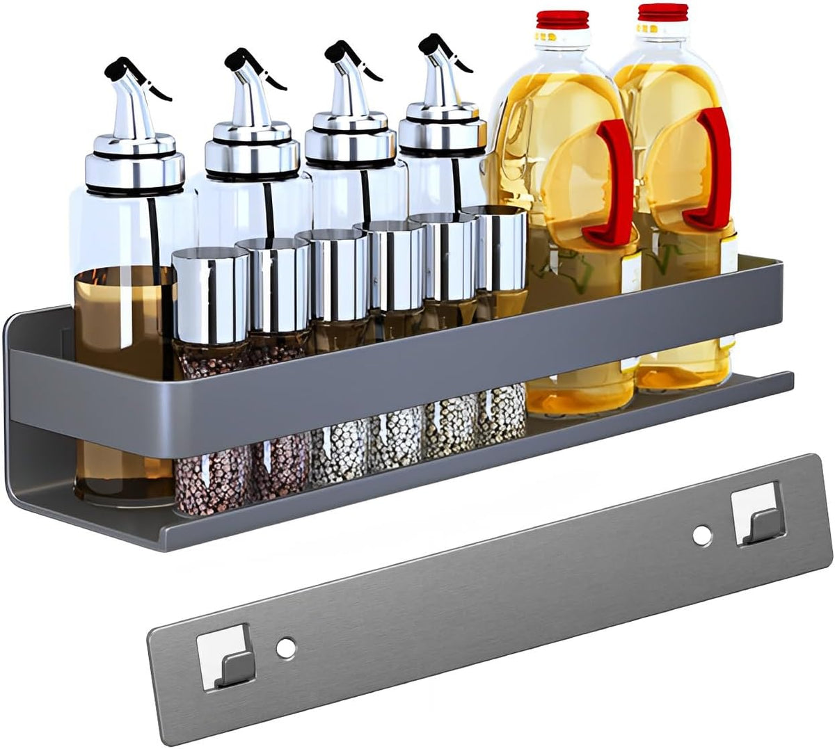 Stainless Steel Wall Mounted Floating Shelves, Drill-Free Adhesive or Screw In, Rustproof Bathroom Organizer & Kitchen Spice Storage Rack, Detachable Metal Display Shelf for Living Room, Gray