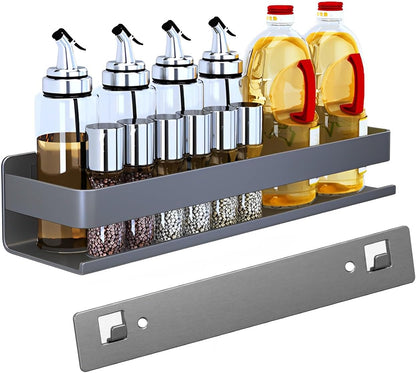 Stainless Steel Wall Mounted Floating Shelves, Drill-Free Adhesive or Screw In, Rustproof Bathroom Organizer & Kitchen Spice Storage Rack, Detachable Metal Display Shelf for Living Room, Gray