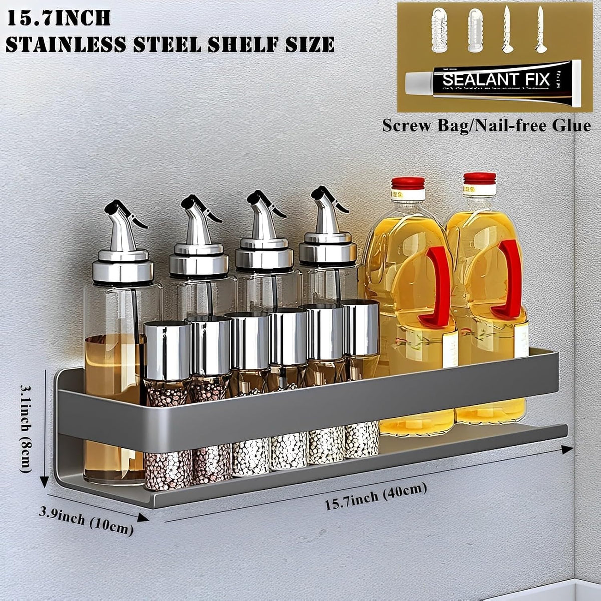 Stainless Steel Wall Mounted Floating Shelves, Drill-Free Adhesive or Screw In, Rustproof Bathroom Organizer & Kitchen Spice Storage Rack, Detachable Metal Display Shelf for Living Room, Gray
