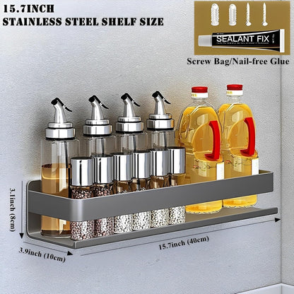 Stainless Steel Wall Mounted Floating Shelves, Drill-Free Adhesive or Screw In, Rustproof Bathroom Organizer & Kitchen Spice Storage Rack, Detachable Metal Display Shelf for Living Room, Gray