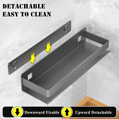 Stainless Steel Wall Mounted Floating Shelves, Drill-Free Adhesive or Screw In, Rustproof Bathroom Organizer & Kitchen Spice Storage Rack, Detachable Metal Display Shelf for Living Room, Gray