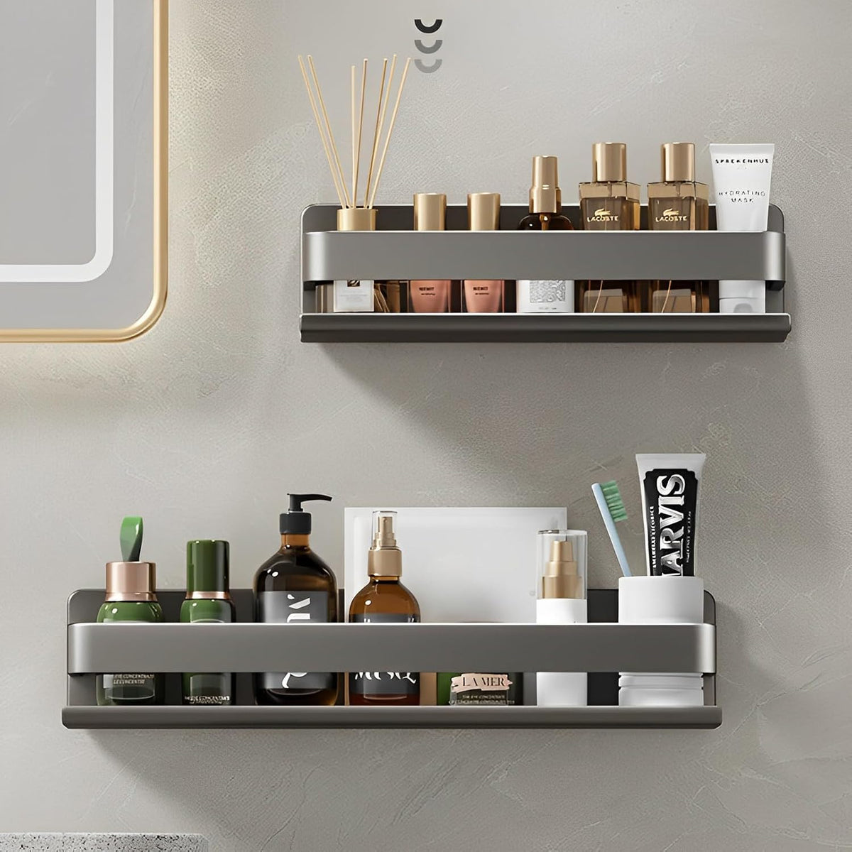 Stainless Steel Wall Mounted Floating Shelves, Drill-Free Adhesive or Screw In, Rustproof Bathroom Organizer & Kitchen Spice Storage Rack, Detachable Metal Display Shelf for Living Room, Gray