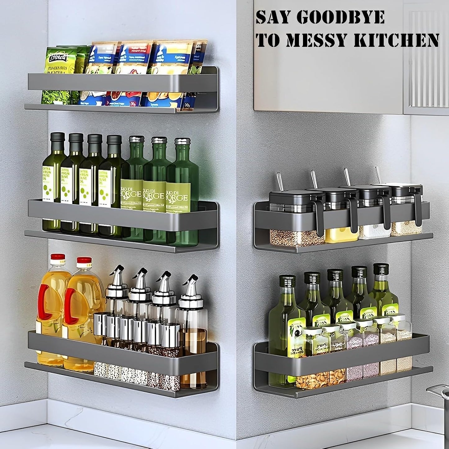 Stainless Steel Wall Mounted Floating Shelves, Drill-Free Adhesive or Screw In, Rustproof Bathroom Organizer & Kitchen Spice Storage Rack, Detachable Metal Display Shelf for Living Room, Gray